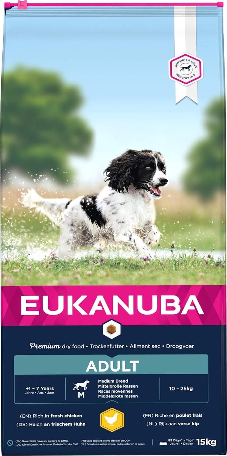 Eukanuba Alimento seco para perros adultos activos de raza mediana,, rico en pollo fresco 15 kg