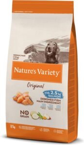 Nature's Variety Original No Grain, Pienso para Perros Adultos Medianos y grandes, Sin cereales, con Salmón sin espinas, 12kg