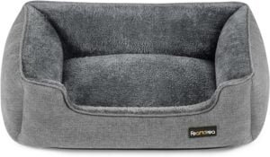 Feandrea Cama para Perros, Sofá de Lino para Mascotas, Bordes Elevados, Fondo Antideslizante, Funda Extraíble para Lavado, Tamaño M para Perros Pequeños, 70 x 55 x 21 cm, Gris Claro PGW10GG