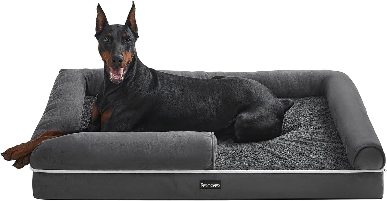 Feandrea Cama Ortopédica para Perros, Sofá, Cama para Mascotas, Acolchado Suave, Bordes Elevados, Funda Extraíble y Lavable, 120 x 85 x 20 cm, Antideslizante, Gris Osucro PGW078G01