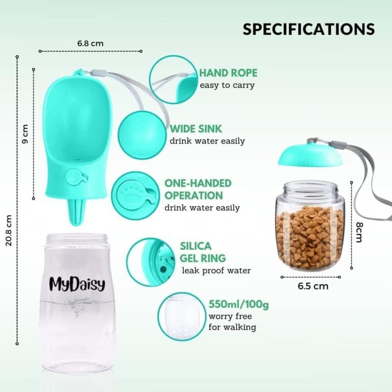 MYDAISY Bebedero Perro Portatil con Comedero Perro y envase de Comida de 100g Botella Agua Perro 550ml Apto también para Cachorros y Gatos Viajar Perros Accesorios