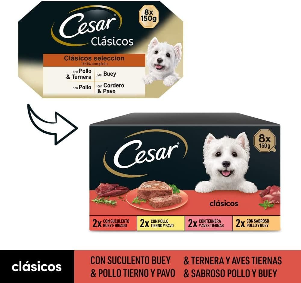 Cesar Comida Húmeda para Perros, Selección de Clásicos en Paté, Multipack (Pack de 3 x 8 Tarrinas x 150g)