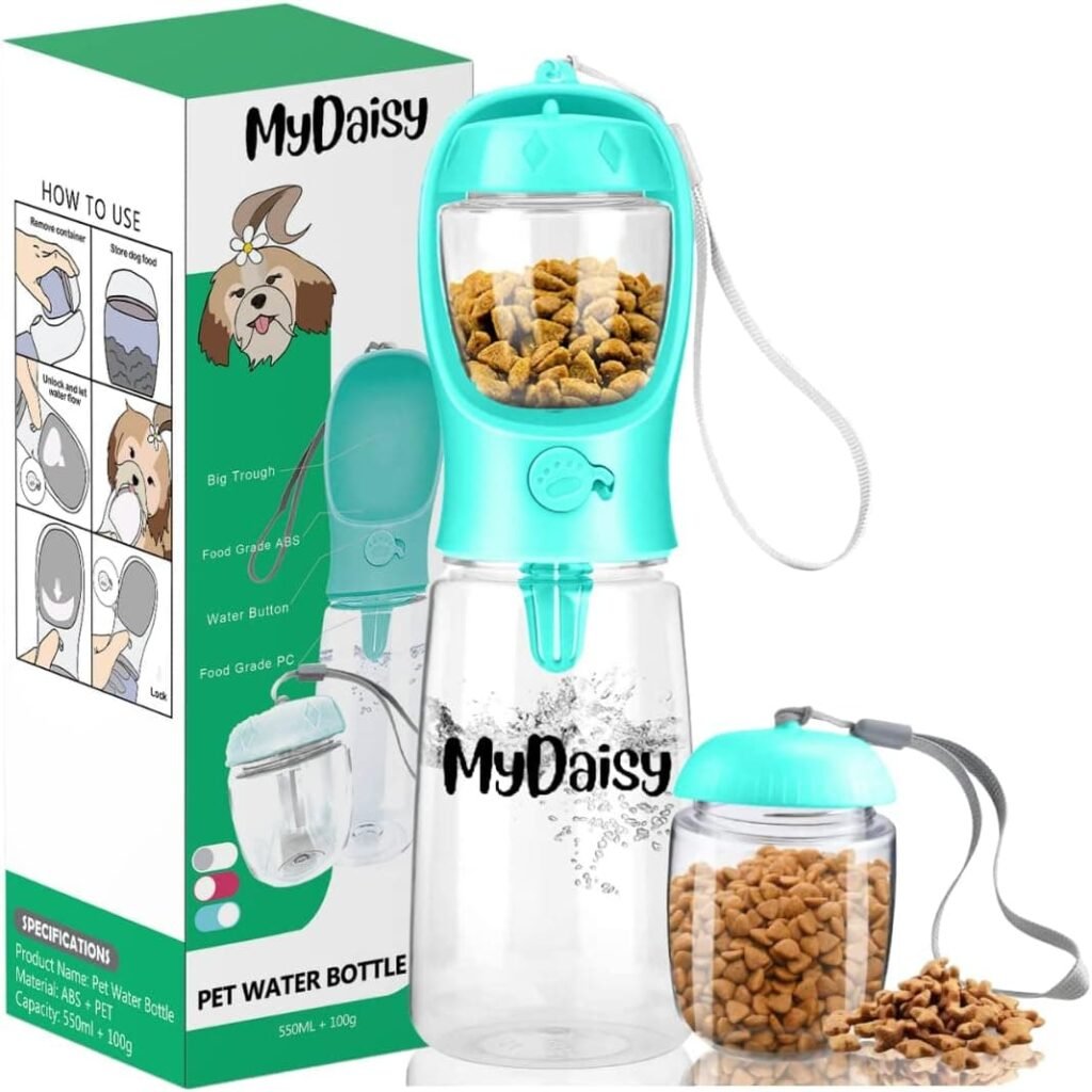 MYDAISY Bebedero Perro Portatil con Comedero Perro y envase de Comida de 100g Botella Agua Perro 550ml Apto también para Cachorros y Gatos Viajar Perros Accesorios