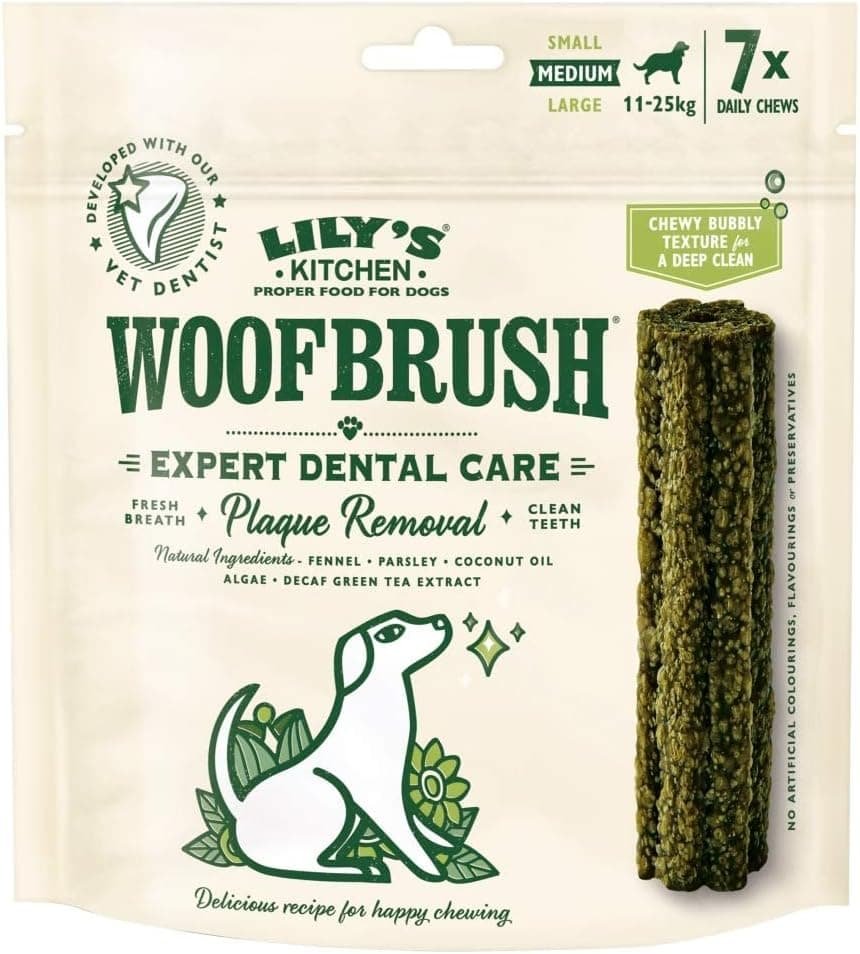 Lily's Kitchen Woofbrush Golosinas naturales para perros adultos: Palitos dentales masticables - Perro mediano (1 paquete de 7 masticables- 28g)