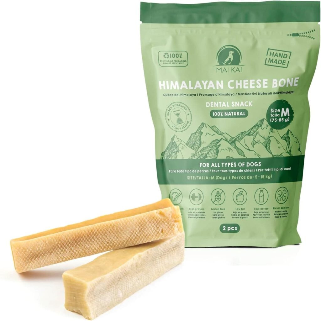 MAIKAI Hueso para Perros Queso del Himalaya Talla M Pack de 2 - Elimina Placa y Mal Aliento - Mordedor Natural - Churpi - Ideal Razas 5-15 kg - Premios Perros