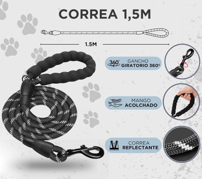 Collar de Perro Ajustable y Acolchado con Neopreno - Correa Perro 1,5m Reflectante - Cuenco Plegable y Dispensador con 15 Bolsitas - para Perros Pequeños Medianos y Grandes