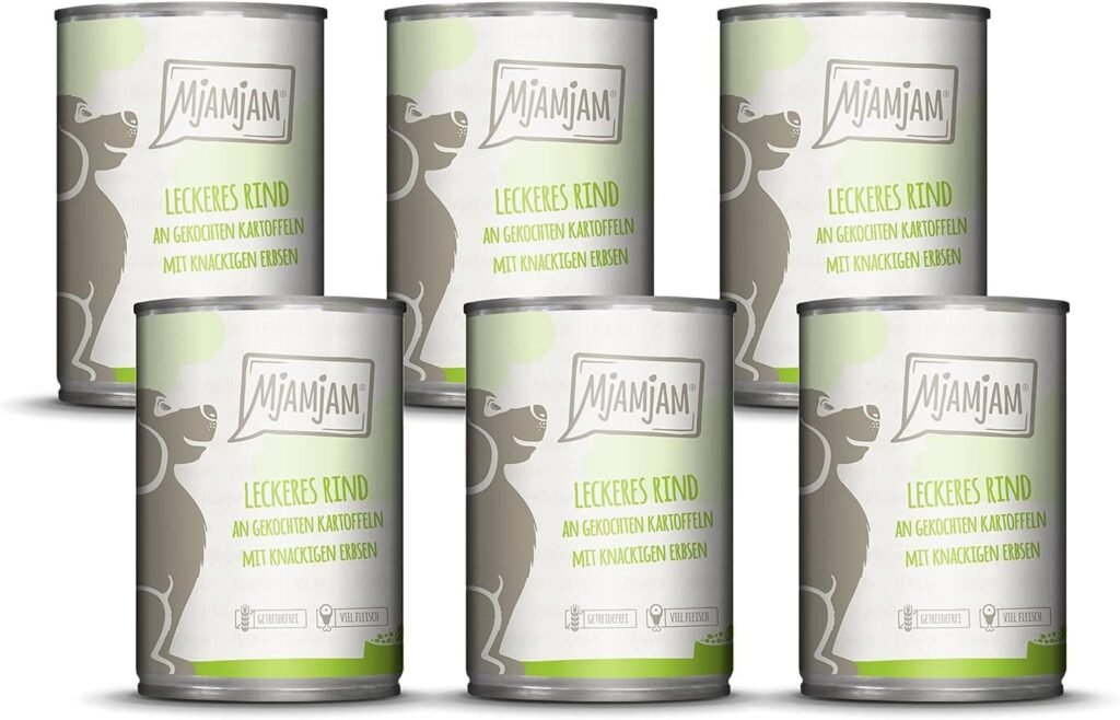 MjAMjAM - comida húmeda premium para perros - deliciosa ternera sobre patatas hervidas con guisantes crujientes, pack de 6 (6 x 400 g), natural con extra de carne