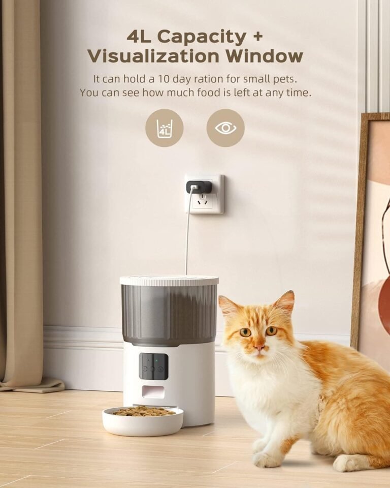 UIOOQ Comedero Gato Automatico WiFi, 4L Dispensador Comida para Perro/Gato con Grabación 10s,Programa Personalizado de Alimentación Automática,10Comidas Diarias,Tapa de Cierre Giratoria,Blanco