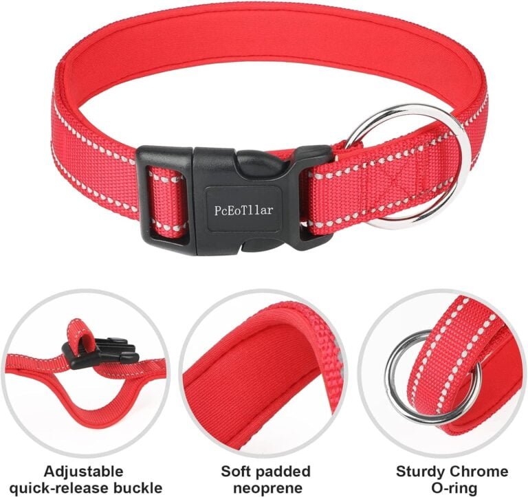 Juego de Collar y Correa para Perro, Collares Reflectantes de Neopreno Suave con Correa Ajustable de 1,8 M con Mango Acolchado y Etiqueta para Perros PequeñOs, Medianos y Grandes, Rojo-S