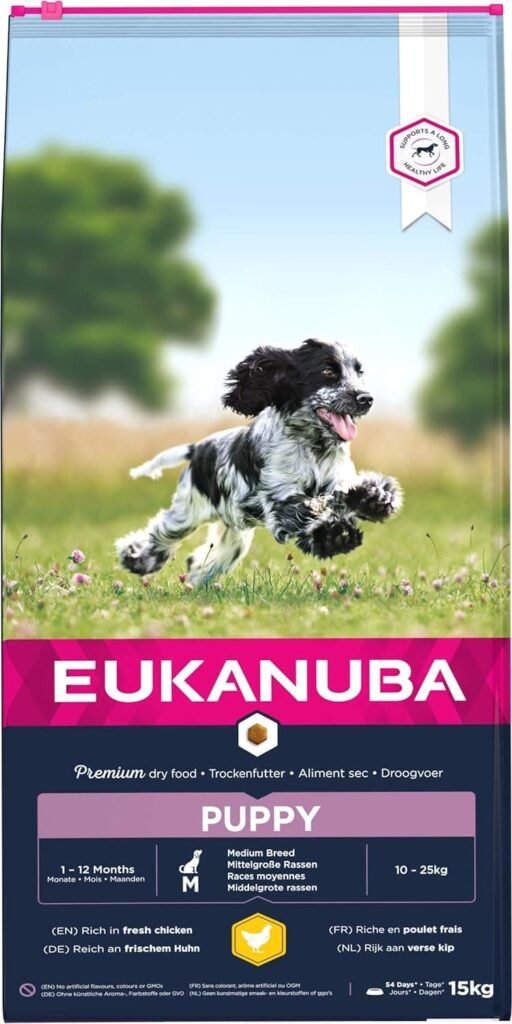 Eukanuba Alimento seco para cachorros de raza mediana, rico en pollo fresco 15 kg