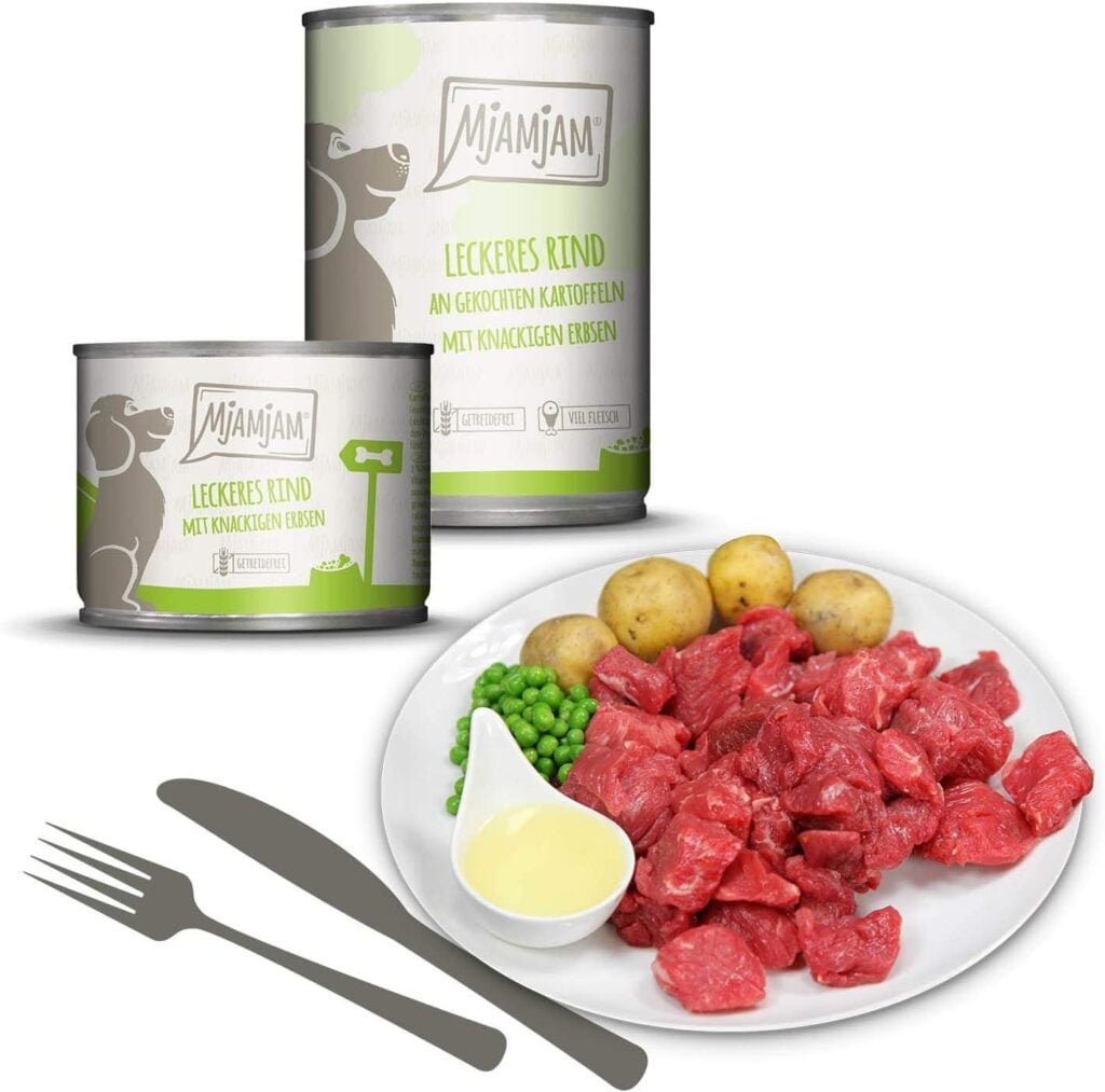 MjAMjAM - comida húmeda premium para perros - deliciosa ternera sobre patatas hervidas con guisantes crujientes, pack de 6 (6 x 400 g), natural con extra de carne