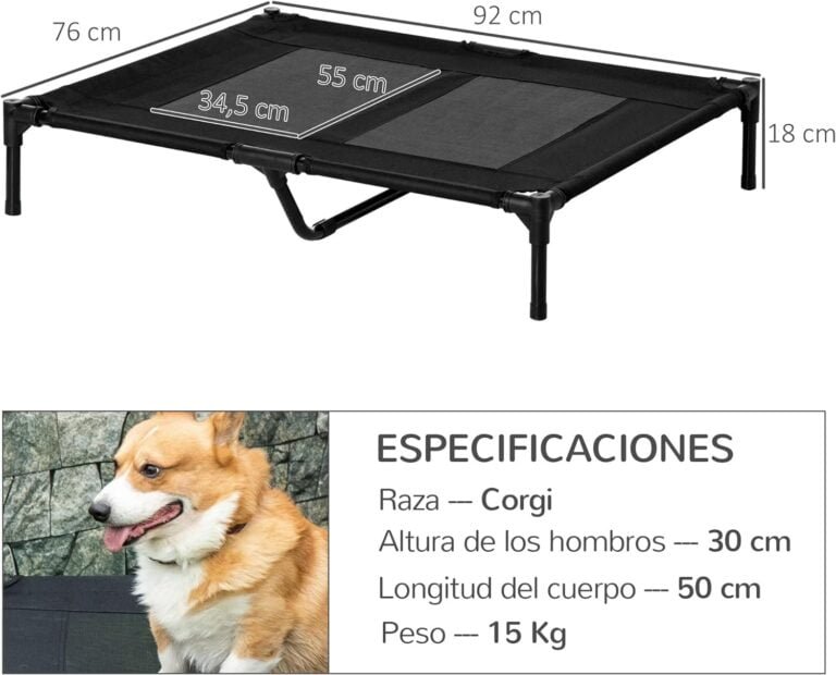 PawHut Cama Elevada para Perros Gatos Portátil Cama para Mascotas con Zona de Malla Transpirable y Tela Oxford para Interior Exterior 92x76x18 cm Negro