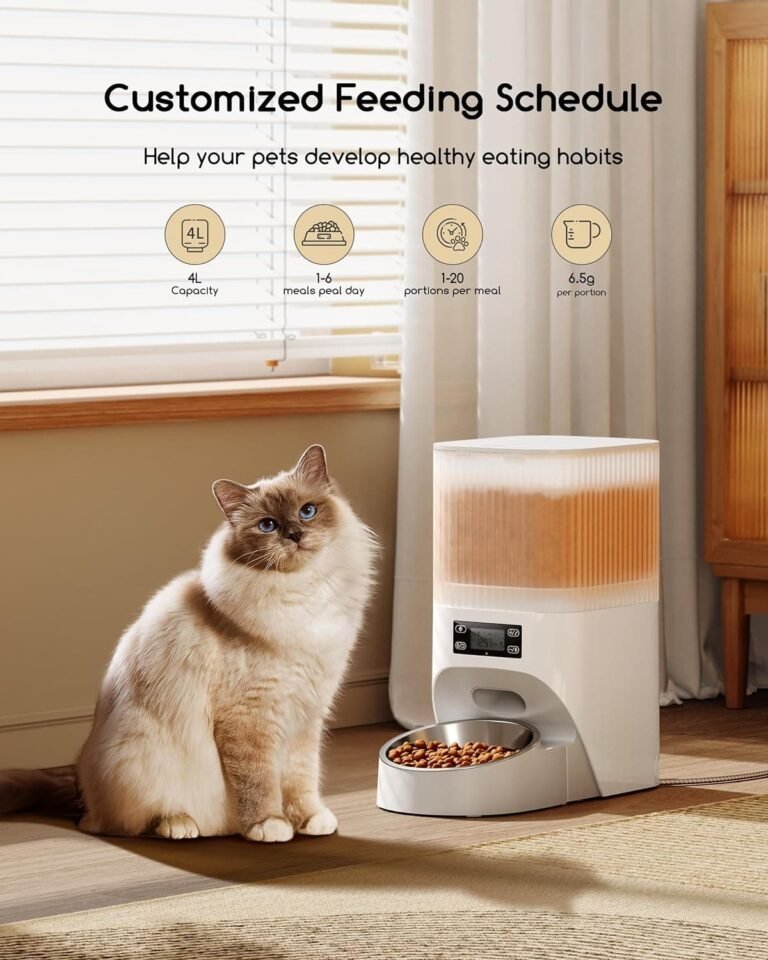 Faroro 4L Comedero Gato Automatico, Dispensador Comida Perros y Gatos con Grabación de Voz 30s, Tazón para Gatos de Acero Inoxidable y Temporizador, Programable de 1 a 6 Comidas, Blanco