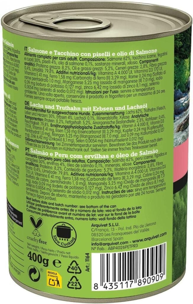 Arquivet Latas de Salmón y Pavo con Guisantes y Aceite de salmón -, 400 g (Paquete de 6)