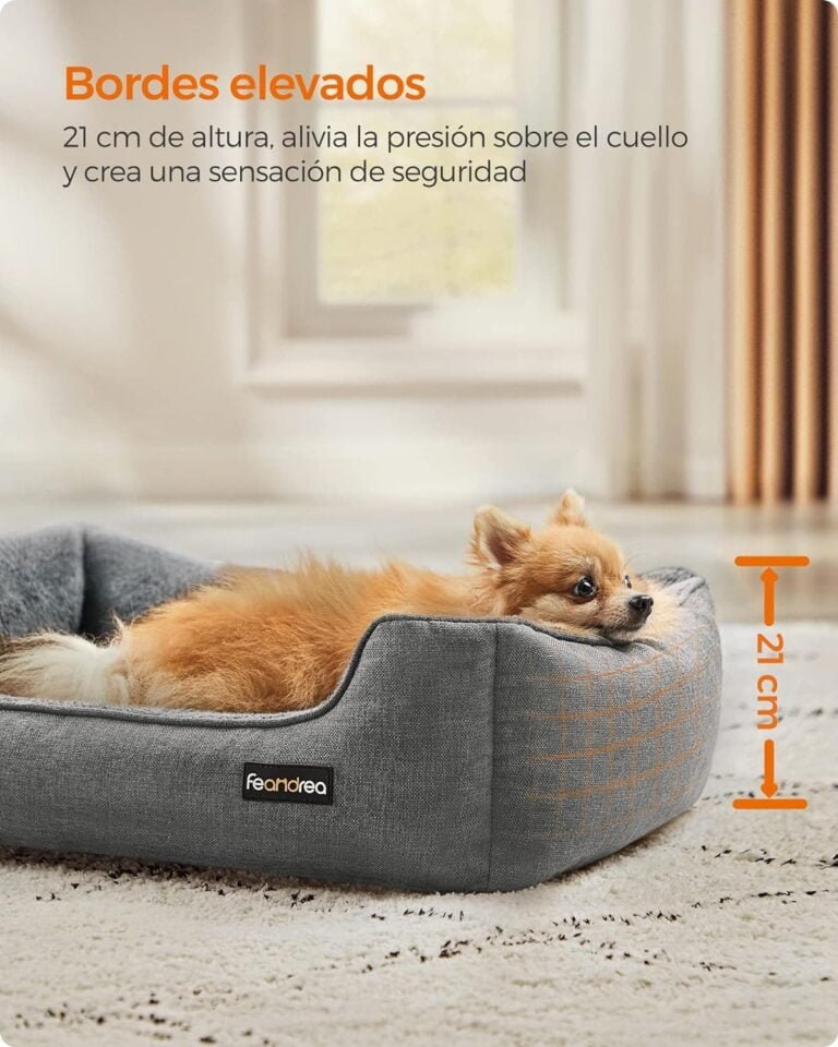 Feandrea Cama para Perros, Sofá de Lino para Mascotas, Bordes Elevados, Fondo Antideslizante, Funda Extraíble para Lavado, Tamaño M para Perros Pequeños, 70 x 55 x 21 cm, Gris Claro PGW10GG