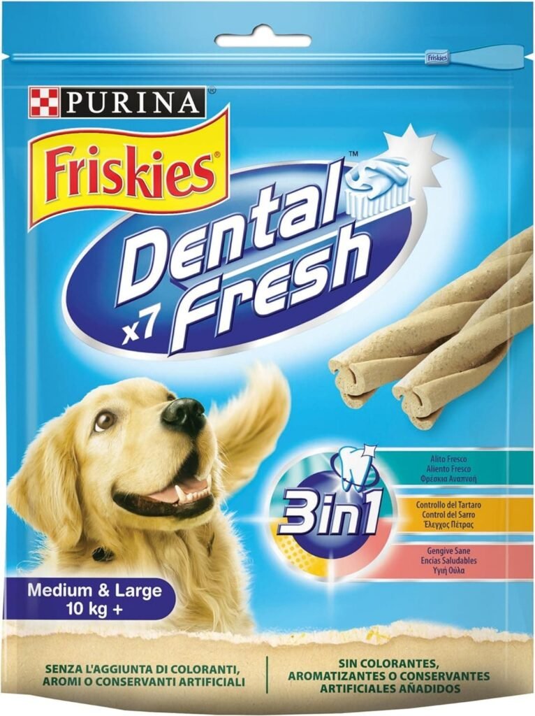 Purina Friskies Dental Fresh, Snack Dental, mal aliento para perro mediano y grande, 6 bolsas de 180g