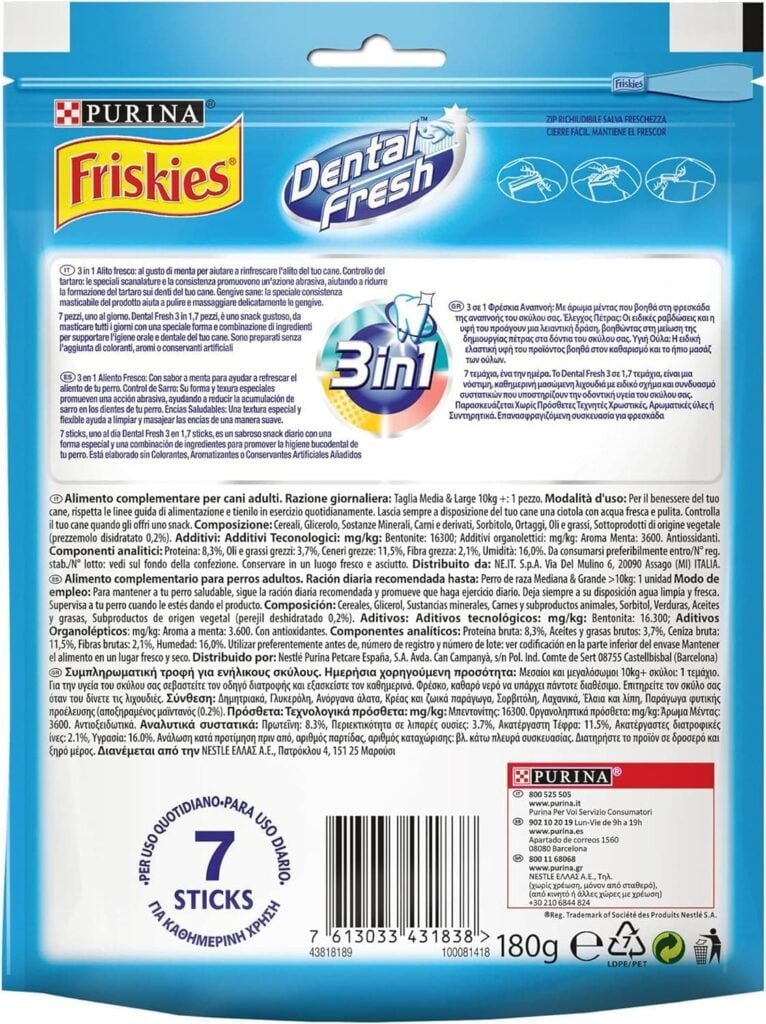 Purina Friskies Dental Fresh, Snack Dental, mal aliento para perro mediano y grande, 6 bolsas de 180g