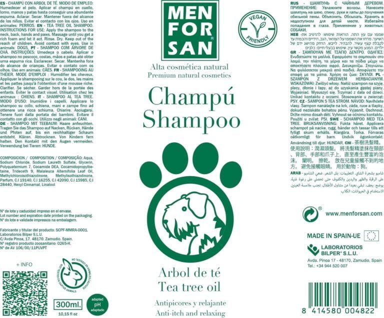 MENFORSAN Champú Árbol de Té para Perros | Acción Anti Picores y Anti Hongos | Previene la aparición de piojos | No Daña el Pelaje | 300 ml