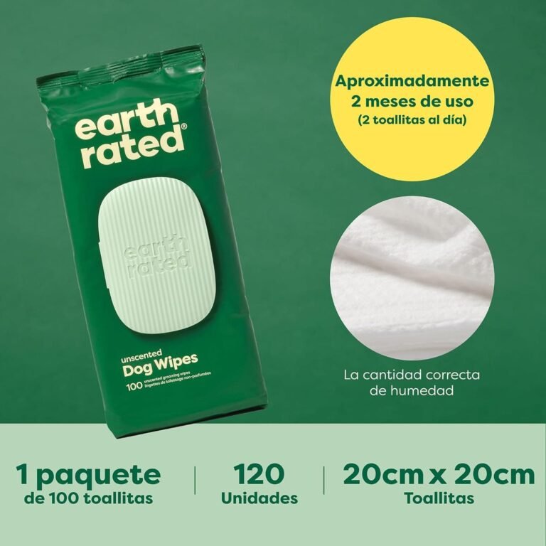 Earth Rated - Toallitas húmedas para perros a base de plantas, Toallitas húmedas de limpieza y control de olores para patas, cuerpo y trasero de cachorros y perros adultos - Sin aroma - 100 unidades