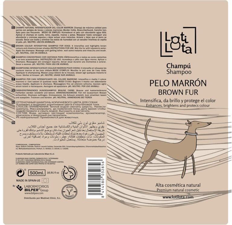 LOTI LOTA Champú Perros Pelo Marron 500 ml - Intensificador del Color - Brillo y Limpieza de Manera Natural - pH Neutro - Apto Uso frecuente