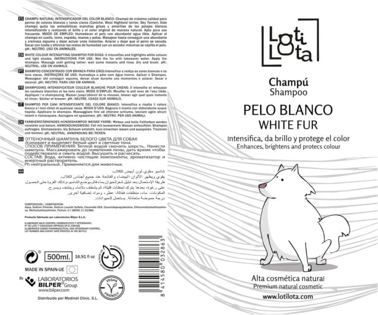 LOTI LOTA Champú Perros Pelo Blanco 500 ml - Intensificador del Color - Brillo y Limpieza - pH Adaptado - Apto Uso frecuente