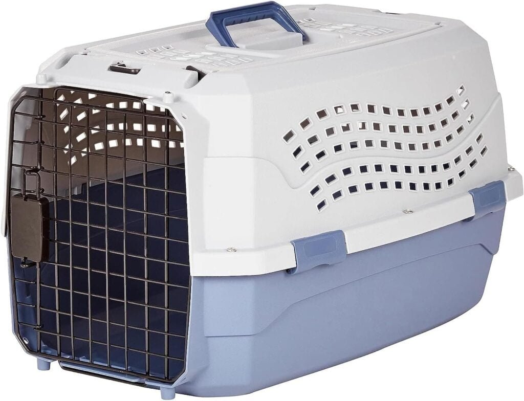 Amazon Basics Caseta para mascotas Perro, Gato de 23 pulgadas (58 cm) con dos puertas de carga superior, Azul