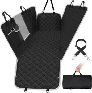 Pecute Funda Perros Coche, Funda de Asiento para Perros Impermeable y Resistente, Protector Coche Perros con Rejilla Flexible Pasar Aire, Universal para SUV, Camión, Transportar y Viaje (Negro)