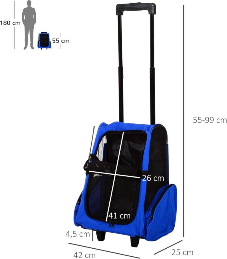 PawHut Transportín 2 en 1 para Mascotas Mochila o Carrito de Viaje para Perro y Gato con Ruedas con Asa retráctil y Bolsillos 42x25x55 cm Azul