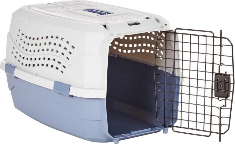 Amazon Basics Caseta para mascotas Perro, Gato de 23 pulgadas (58 cm) con dos puertas de carga superior, Azul