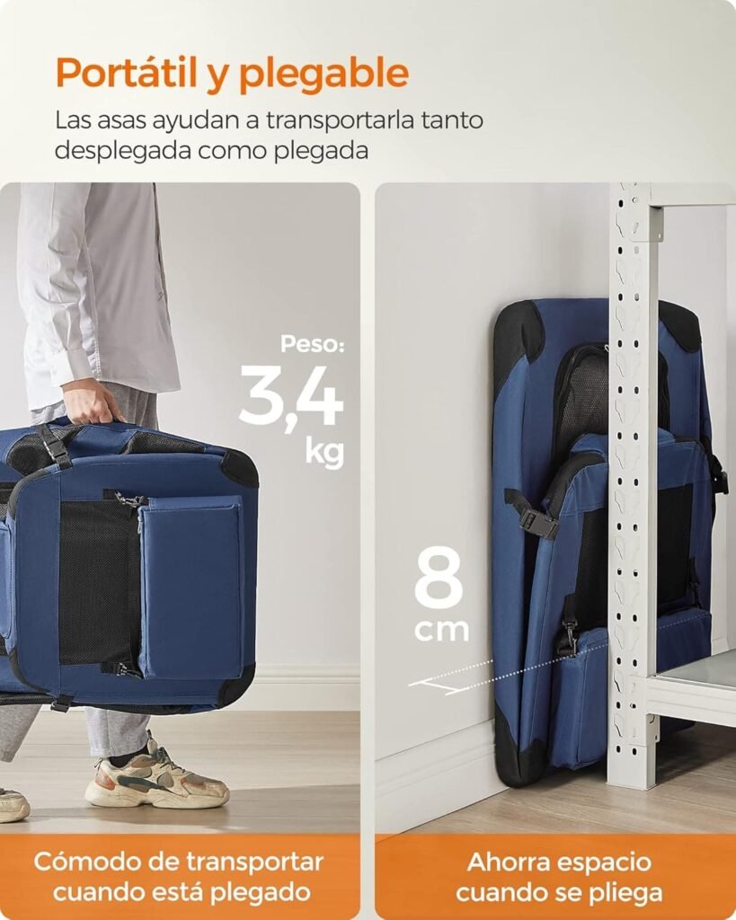 Feandrea Transportín para Gatos y Perros, Plegable, Tamaño L, Tela Oxford, Malla Transpirable, Portátil, Marco Metálico, con Asas y Bolsillos, 70 x 52 x 52 cm, Azul Oscuro PDC70Z