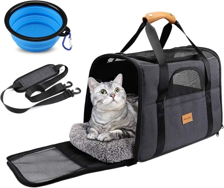 morpilot Transportín Perro Transportín Gato, Bolsa Transporte Transpirable para Mascota, Bolsa Perro Transporte con Correa de Hombro Ajustable y con Cojín Extraíble + Tazón (16.9 * 11.8 * 13 Inch)