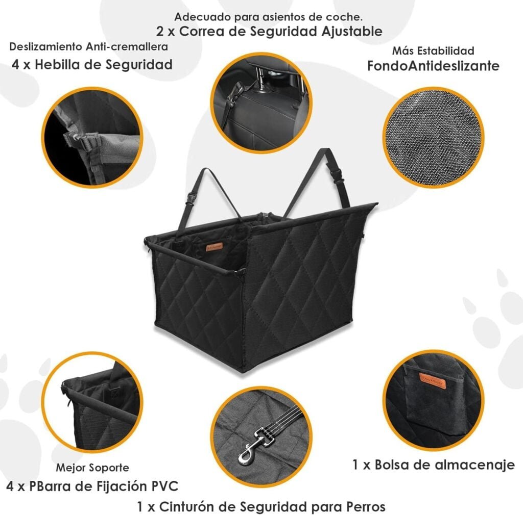 Looxmeer Asiento Coche Perro, Refuerzo de Coche para Perros Pequeñas Impermeable para Viaje, Excursión, Funda Asiento Trasero Oxford 600D Soporte PVC, con Cinturón de Seguridad, 58x50x38 cm