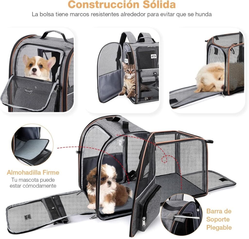 Lekespring Transportin Gato Extensible con 4 Entradas | Mochila Transpirable - Transportin Perro Pequeño con Arnés Interno - Carga Máxima 8kg - Impermeable - Gris