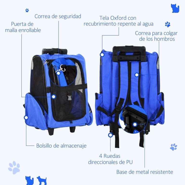 PawHut Transportín 2 en 1 para Mascotas Mochila o Carrito de Viaje para Perro y Gato con Ruedas con Asa retráctil y Bolsillos 42x25x55 cm Azul