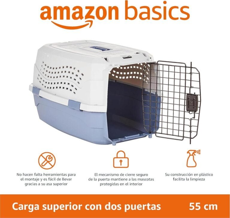 Amazon Basics Caseta para mascotas Perro, Gato de 23 pulgadas (58 cm) con dos puertas de carga superior, Azul