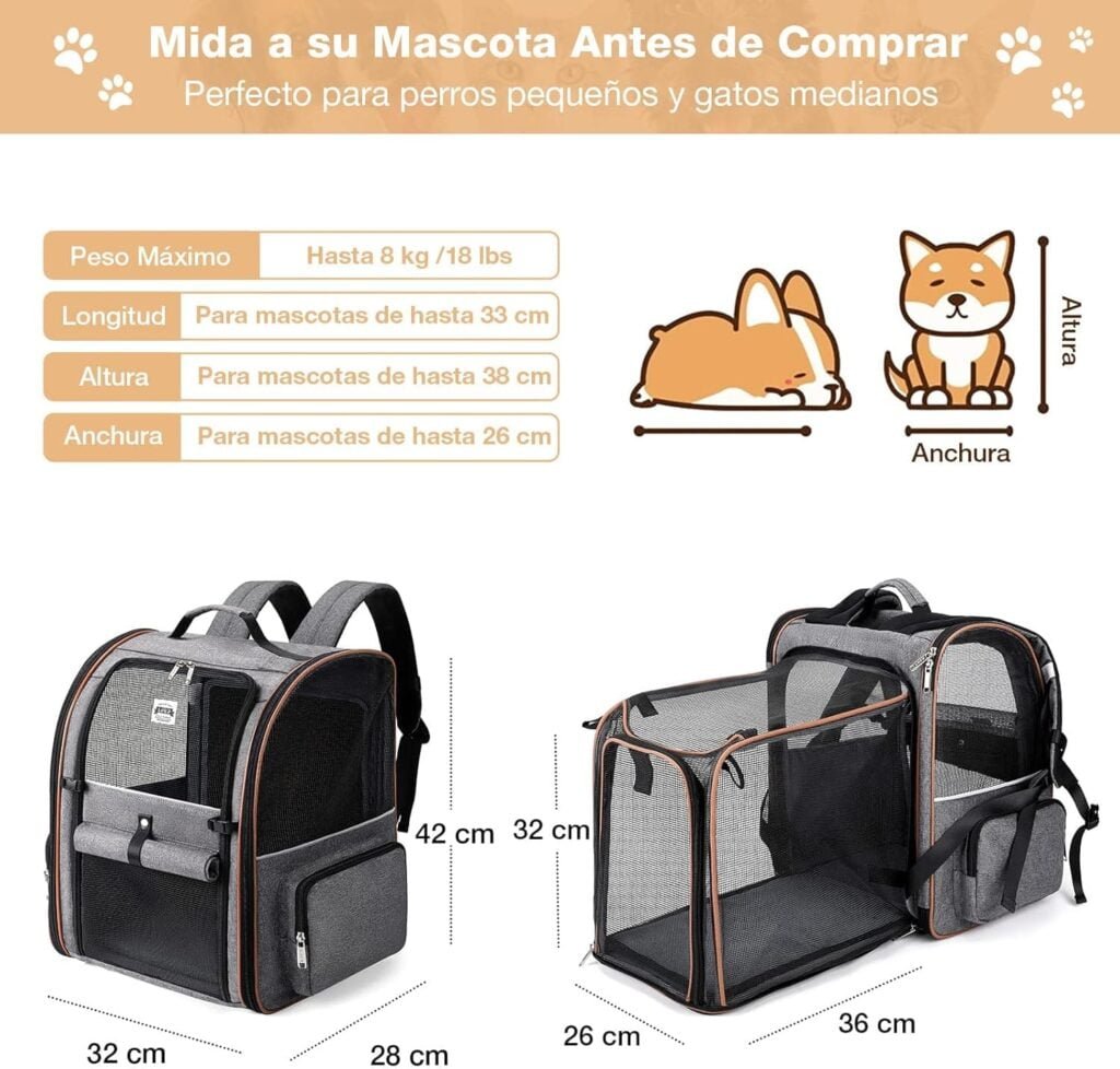 Lekespring Transportin Gato Extensible con 4 Entradas | Mochila Transpirable - Transportin Perro Pequeño con Arnés Interno - Carga Máxima 8kg - Impermeable - Gris