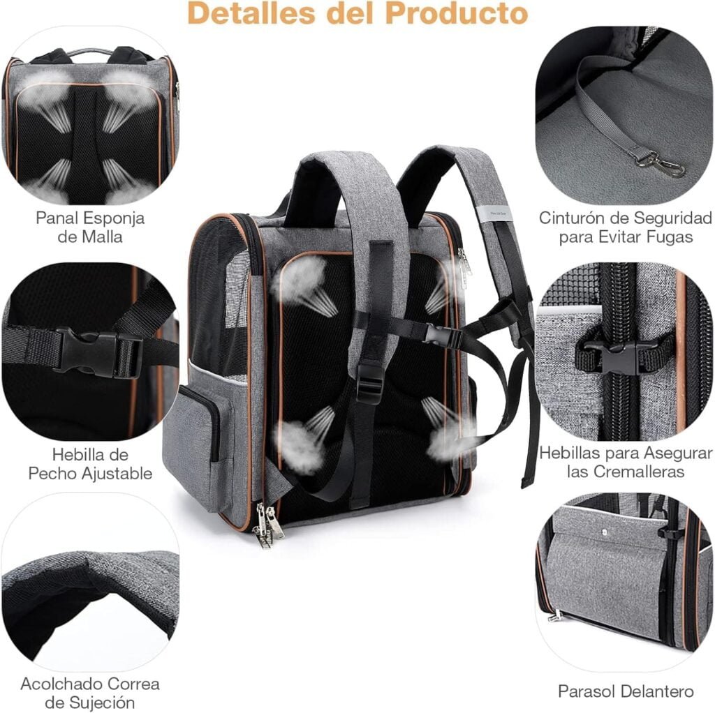 Lekespring Transportin Gato Extensible con 4 Entradas | Mochila Transpirable - Transportin Perro Pequeño con Arnés Interno - Carga Máxima 8kg - Impermeable - Gris