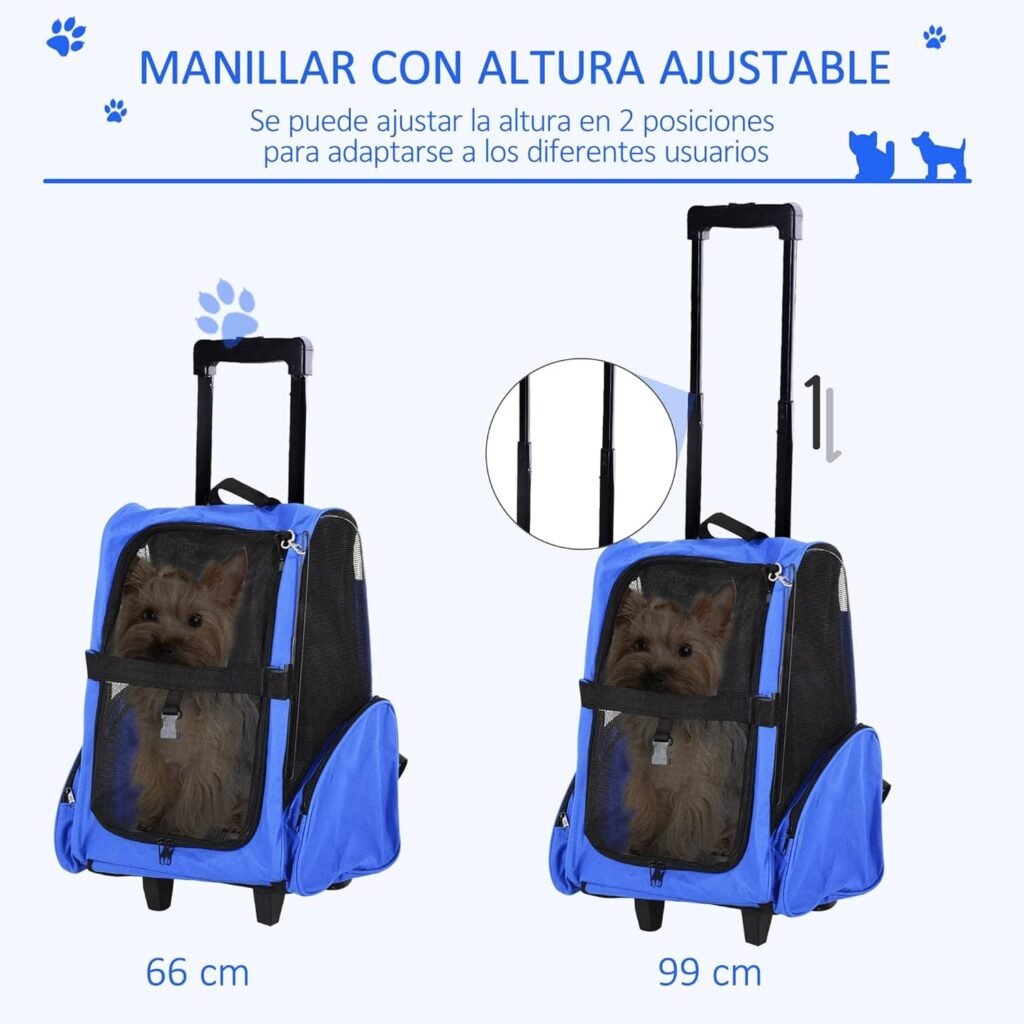 PawHut Transportín 2 en 1 para Mascotas Mochila o Carrito de Viaje para Perro y Gato con Ruedas con Asa retráctil y Bolsillos 42x25x55 cm Azul