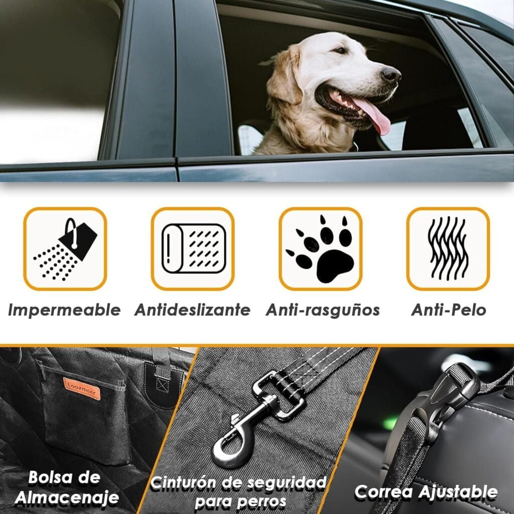 Looxmeer Asiento Coche Perro, Refuerzo de Coche para Perros Pequeñas Impermeable para Viaje, Excursión, Funda Asiento Trasero Oxford 600D Soporte PVC, con Cinturón de Seguridad, 58x50x38 cm