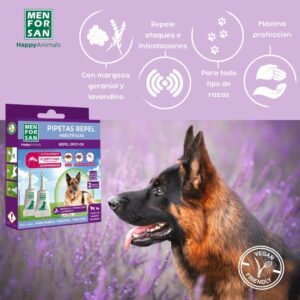 MENFORSAN Pipetas Anti-Insectos para Perros con Margosa, Geraniol y Lavandino, contra Pulgas, Garrapatas y Mosquitos (incluido Flebótomo), Estuche con 2 unidades, 1,5 ml