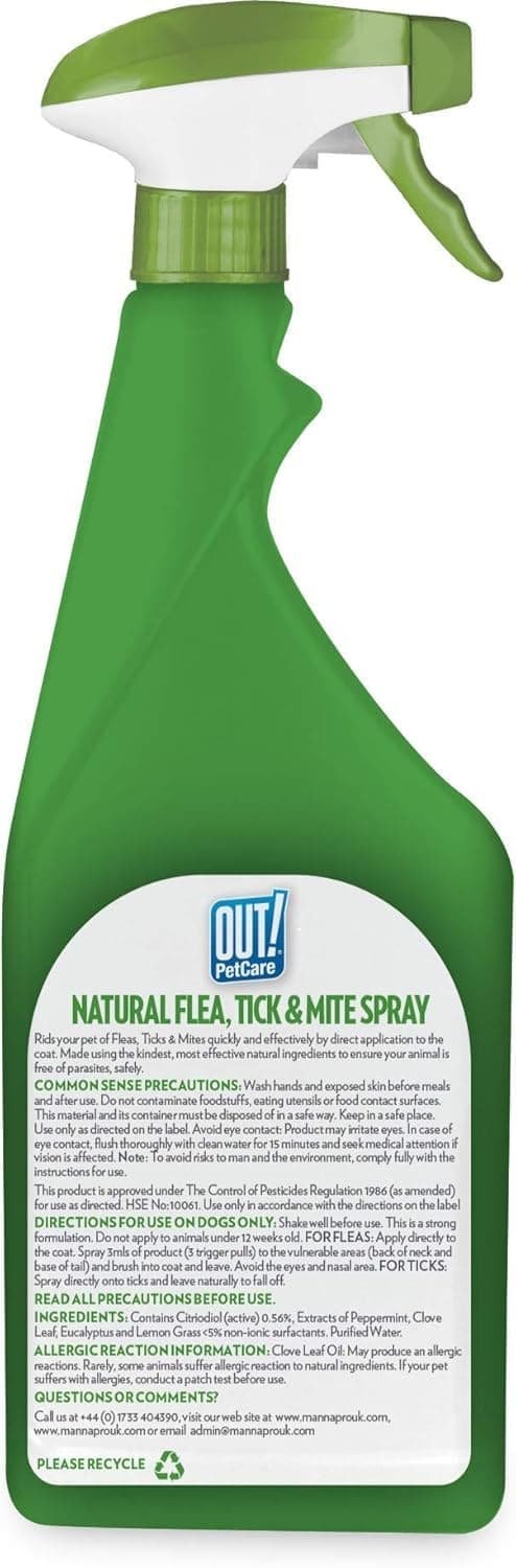 OUT! Spray natural contra pulgas, garrapatas y ácaros para perros, 500 ml