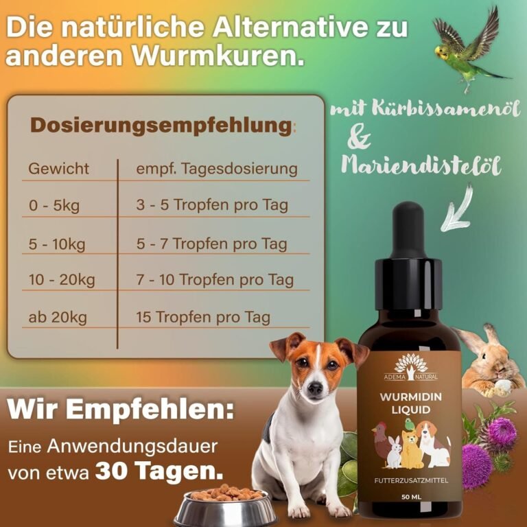 ADEMA NATURAL® WURMIDIN Líquido – Remedio para gusanos – Gotas/líquido para animales – perros, gatos, conejos, ovejas, aves de corral y aves – alternativa para el tratamiento de gusanos – 50 ml