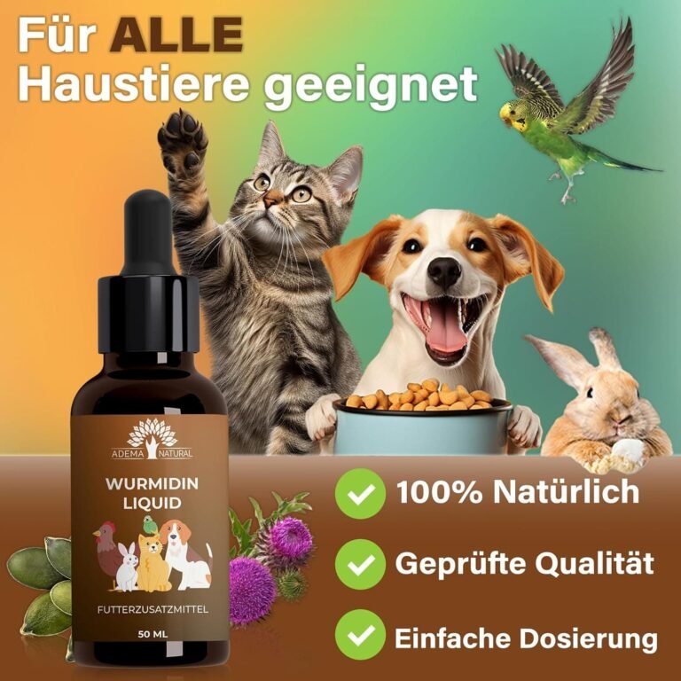 ADEMA NATURAL® WURMIDIN Líquido – Remedio para gusanos – Gotas/líquido para animales – perros, gatos, conejos, ovejas, aves de corral y aves – alternativa para el tratamiento de gusanos – 50 ml