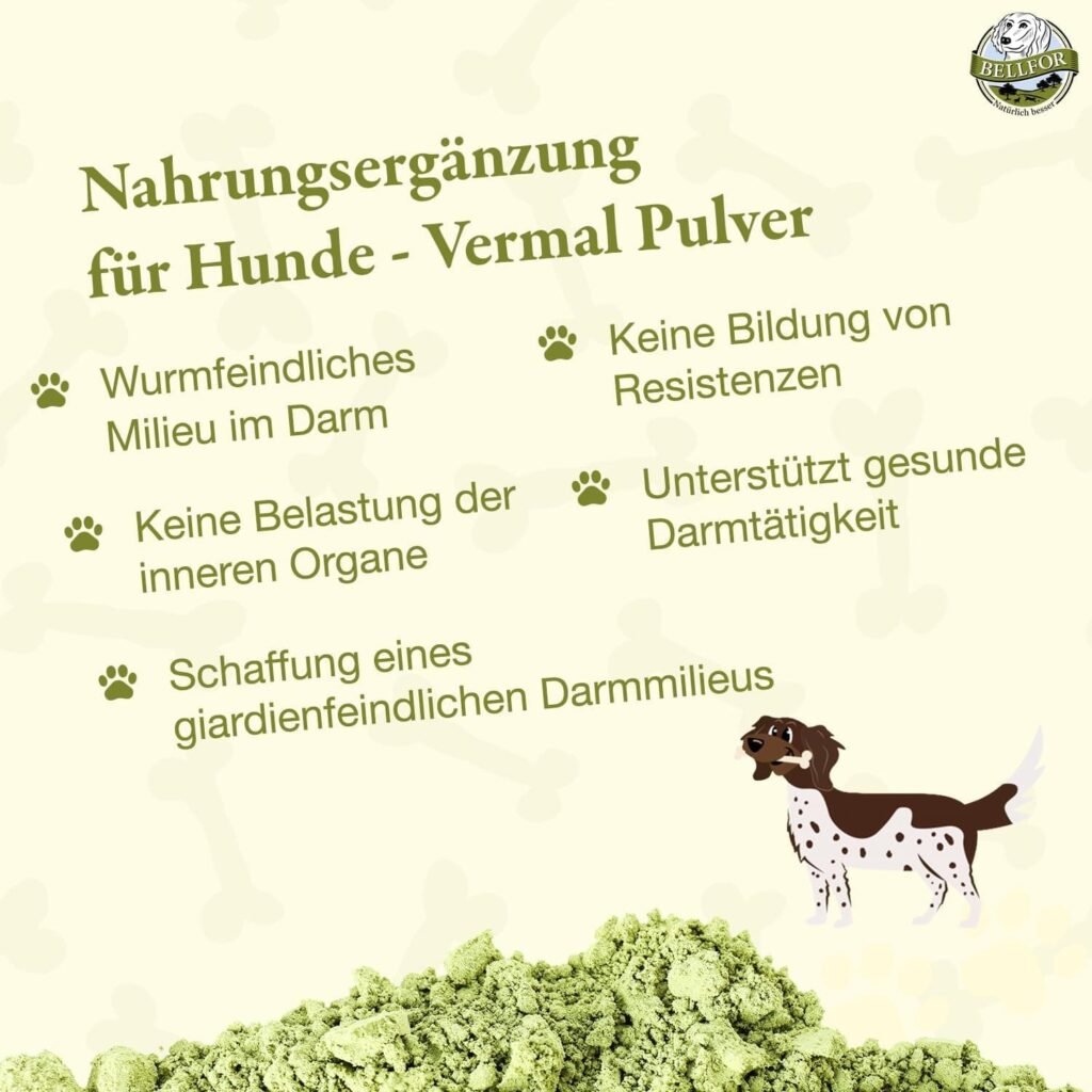 Suplementos para Perros Vermal de Bellfor - 80 g. Antiparasitario Natural con Harina de Coco y Semillas de Calabaza, Ayuda contra la Giardia, Previene Parasitosis, Fortalece el Sistema Inmune