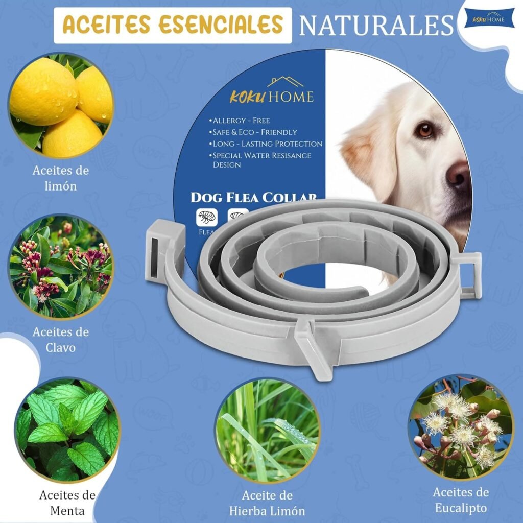 KOKU HOME Collar Antiparasitario contra Pulgas y Garrapatas para Perros y Gatos - Ajustable para Cualquiera Razas y Tamaños - 8 Meses de Protección - 65cm - Materiales con Aceites Esenciales. (Gris)