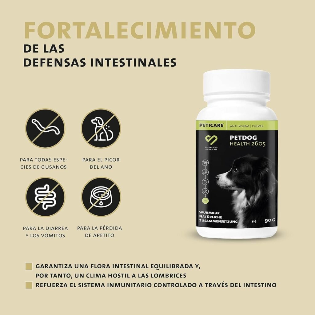 Peticare Desparasitante Antiparasitario para Perros Interno | Polvo de Hierbas | Remedio 100% Natural con Curcuma y Tomillo contra Gusanos Intestinales, Anquilostomas | petDog Health 2605 (90 g)