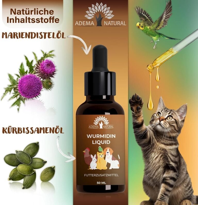 ADEMA NATURAL® WURMIDIN Líquido – Remedio para gusanos – Gotas/líquido para animales – perros, gatos, conejos, ovejas, aves de corral y aves – alternativa para el tratamiento de gusanos – 50 ml