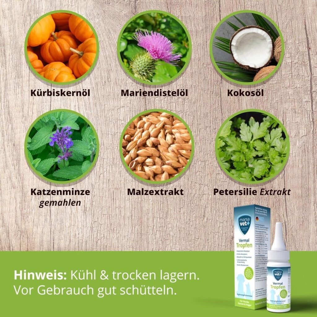 Marsavet+ Vermal Gotas 50 ml – Solución Natural para un Entorno intestinal desfavorable a los Gusanos, Ayuda contra giardia, remedio para Perros, Gatos y roedores