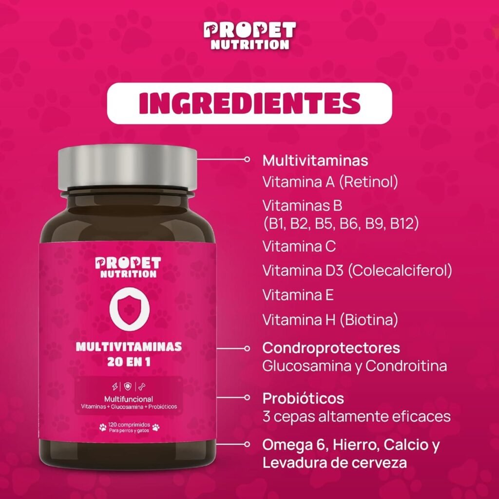 Vitaminas para Perros y Gatos + Probioticos + Glucosamina + Condrotina (20 en 1). Mejora Pelaje, Sistema Inmune y Articulaciones. Vit A, B, C, E, H, Omega 6, Biotina. Alta Concentración. 120 Dosis
