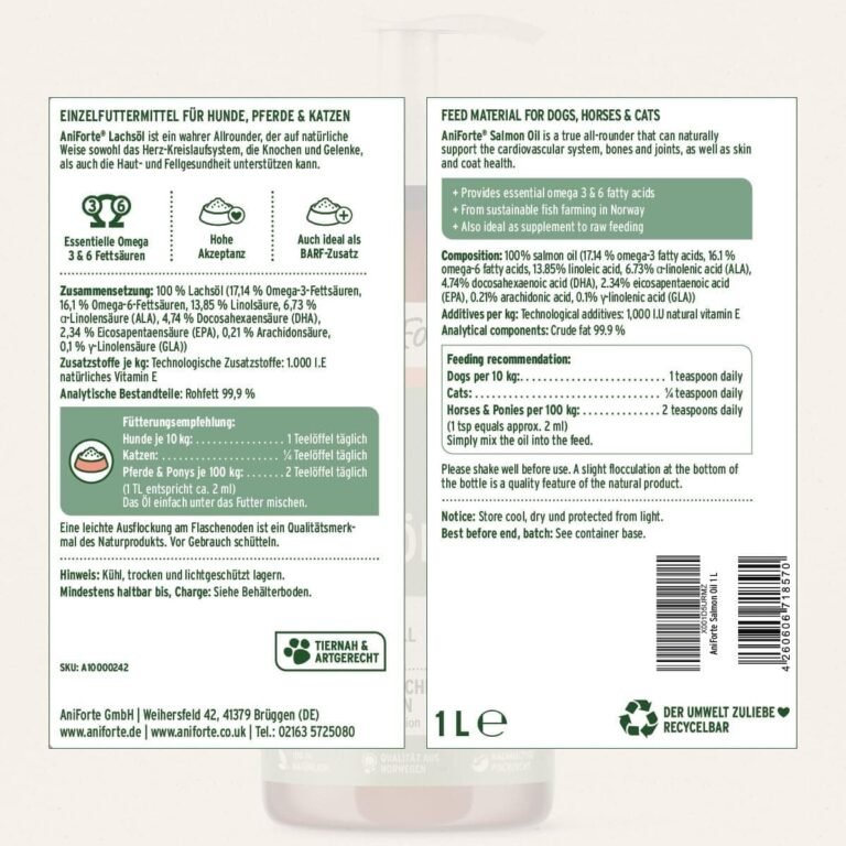 AniForte Aceite de Salmón para Perros 1 Litro - 100% Natural. Contiene Ácidos Grasos Omega 3, EPA, DHA Y Linolénico. Beneficioso para Huesos Fuertes y Pelaje Brillante
